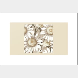 Antique Vintage White Ivory Daisy Floral Illustration Posters and Art